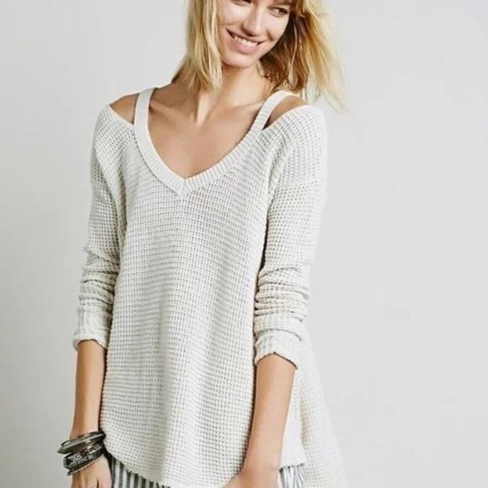Free People Moonshine Cut Out Cotton Sweater Swing Crochet Bohemian XS Cream